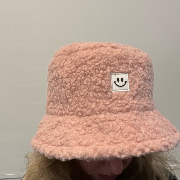 Accessories - Pink Fuzzy Bucket Hat with Smiley Patch